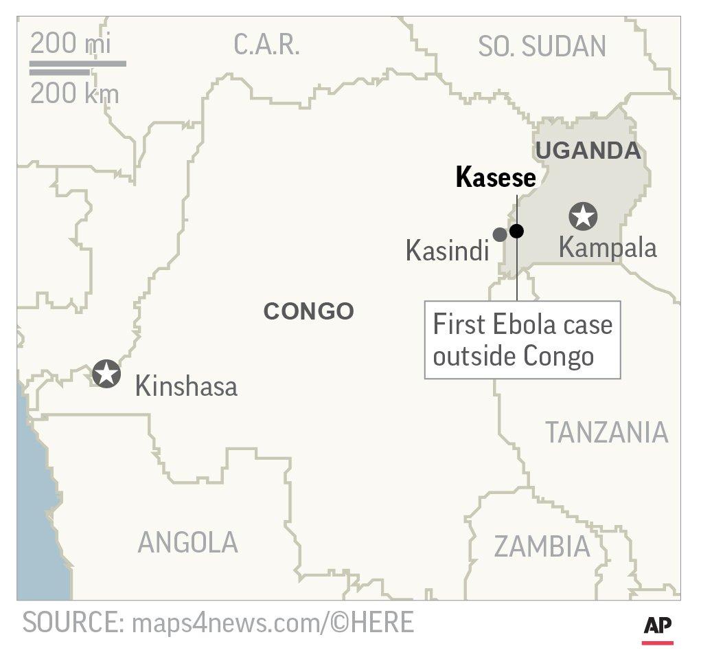 Map locates Kasese, Uganda, where the first Ebola case outside Congo outbreak was reported. (AP)