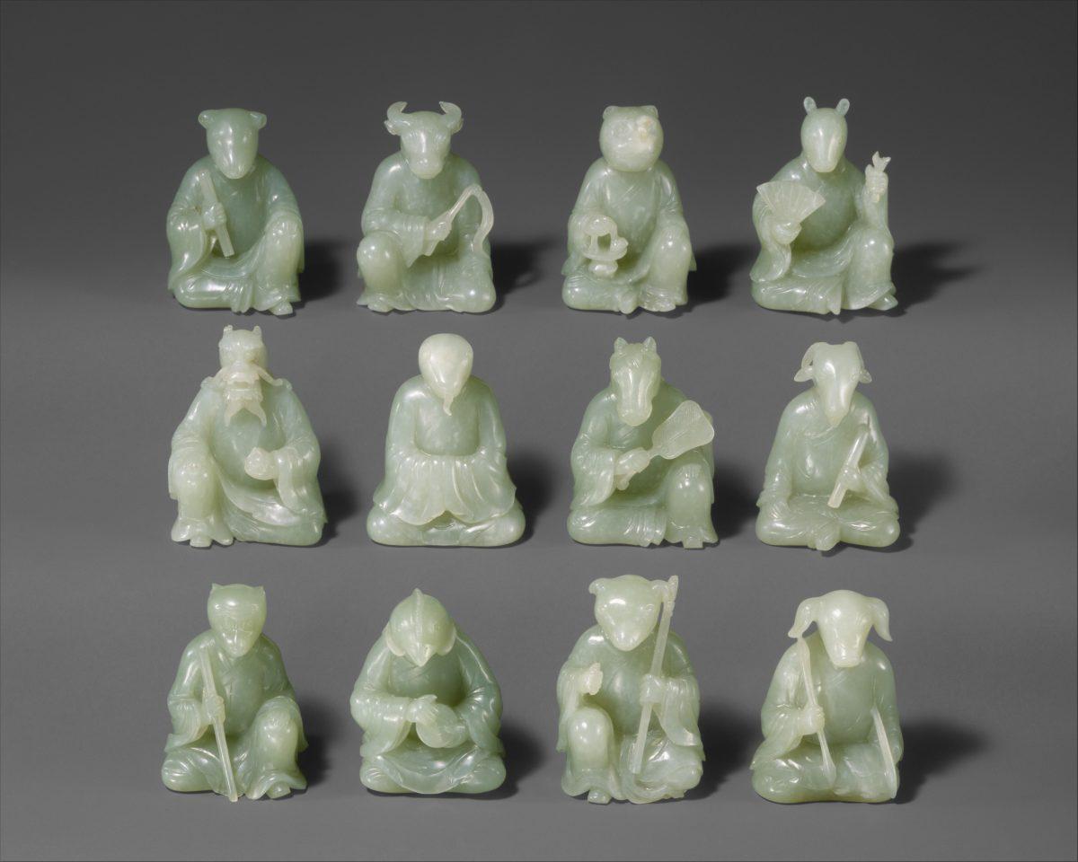 This Qing Dynasty set of 12 animals of the Chinese zodiac is carved from flawless pale green jade. (L–R for each row) the rat, ox, tiger, rabbit, dragon, snake, horse, ram, monkey, rooster, dog, and pig  Gift of Heber R. Bishop, 1902. (The Metropolitan Museum of Art)