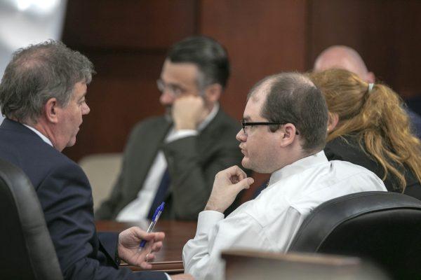 Timothy Jones, Jr. talks with his lawyer, Boyd Young Thursday, June 13, 2019 after Jones was found guilty of killing his 5 young children in 2014 and sentenced to the death penalty in Lexington, S.C. (Tracy Glantz/The State via AP, Pool)