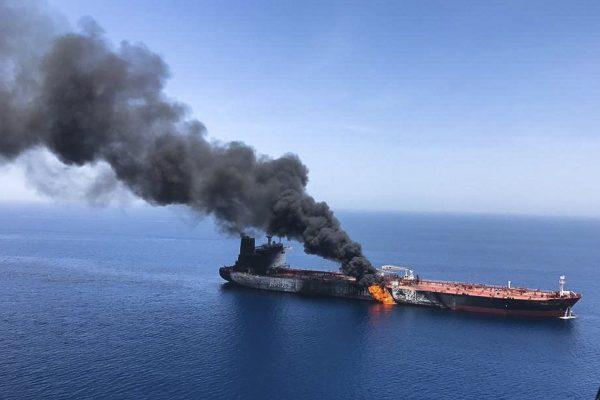 An oil tanker is on fire in the sea of Oman on June 13, 2019. (ISNA/Photo via AP)