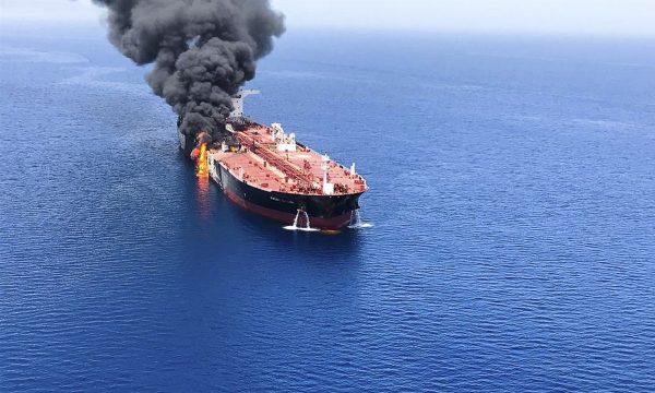 An oil tanker is on fire in the sea of Oman on June 13, 2019. (ISNA/AP Photo)