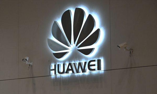 A company logo is displayed at a reception area at the Huawei headquarters in Shenzhen, China's Guangdong Province. (Hector Retamal/AFP/Getty Images)