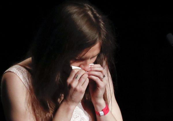 Amanda Knox gets emotional as she speaks at a Criminal Justice Festival at the University of Modena, Italy, on June 15, 2019. (Antonio Calanni/AP Photo)