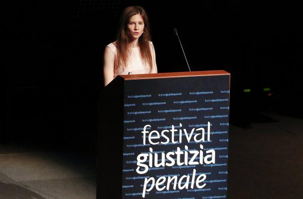 Amanda Knox speaks at a Criminal Justice Festival at the University of Modena, Italy, on June 15, 2019. (Antonio Calanni/AP Photo)