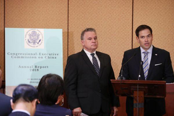 Sen. Marco Rubio (R-Fla.), and Rep. Chris Smith (R-N.J.) speak about the Congressional-Executive Commission on China during a news conference to discuss the commission's annual report on human rights conditions and the rule of law in China, on Capitol Hill in Washington on Oct. 10, 2018. (Mark Wilson/Getty Images)