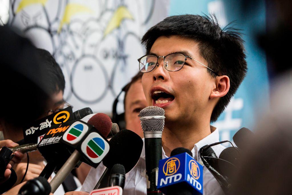 Hong Kong democracy activist Joshua Wong speaks to the media after leaving Lai Chi Kok Correctional Institute in Hong Kong on June 17, 2019. (Isaac Lawrence/AFP/Getty Images)