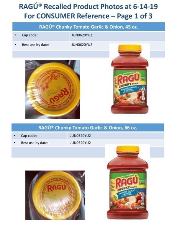 Some Ragu sauces were recalled because they may contain pieces of plastic. The recall included five different sauces, all produced between June 4 and June 8. (Mizkan America)