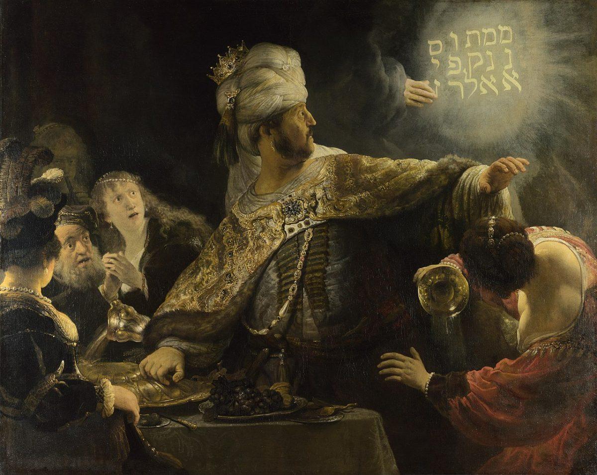 “Belshazzar’s Feast,” 1635-1638, by Rembrandt van Rijn. Oil on Canvas, 66 inches by 82 ½ inches. National Gallery, London. (Public Domain)