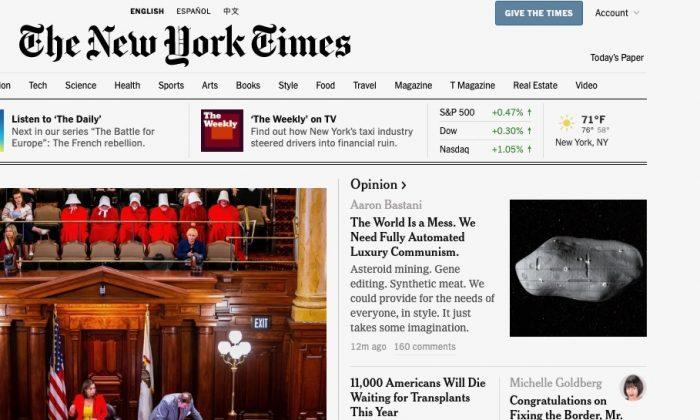Screenshot of The New York Times homepage on June 11, 2019, featuring an op-ed titled " The World Is a Mess. We Need Fully Automated Luxury Communism."