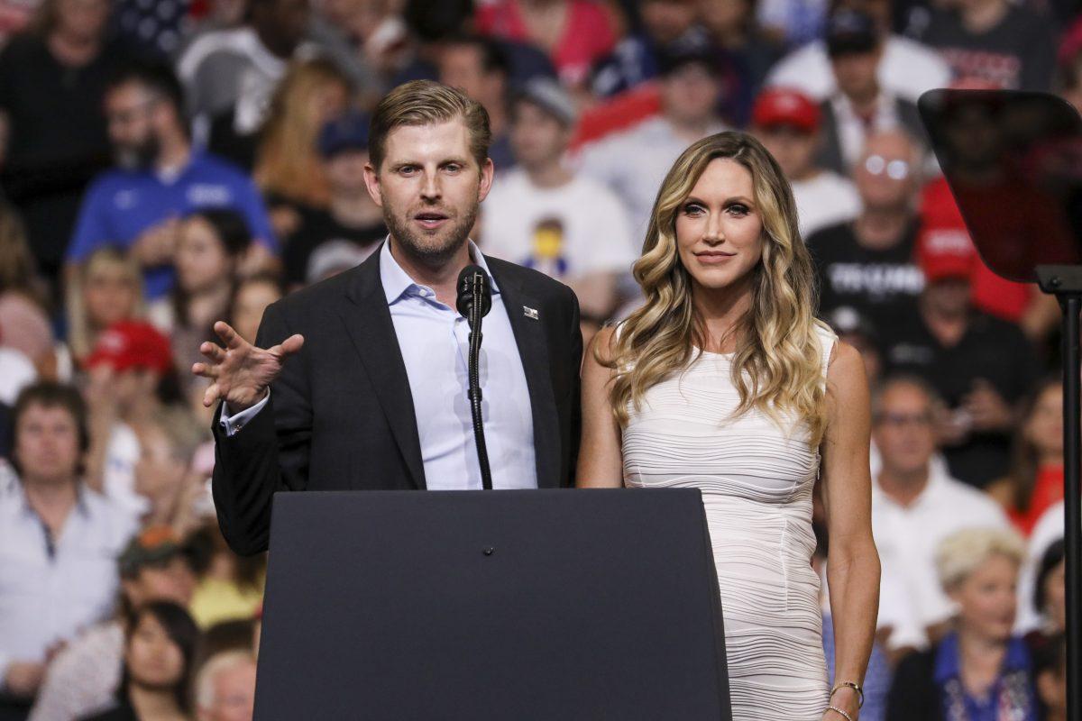 Eric and Lara Trump at President Donald Trump’s 2020 re-election event in Orlando, Fla., on June 18, 2019. (Charlotte Cuthbertson/The Epoch Times)