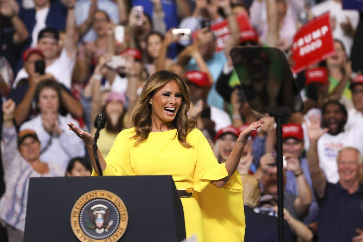 First Lady Melania Trump takes the stage at President Donald Trump’s 2020 re-election event in Orlando, Fla., on June 18, 2019. (Charlotte Cuthbertson/The Epoch Times)