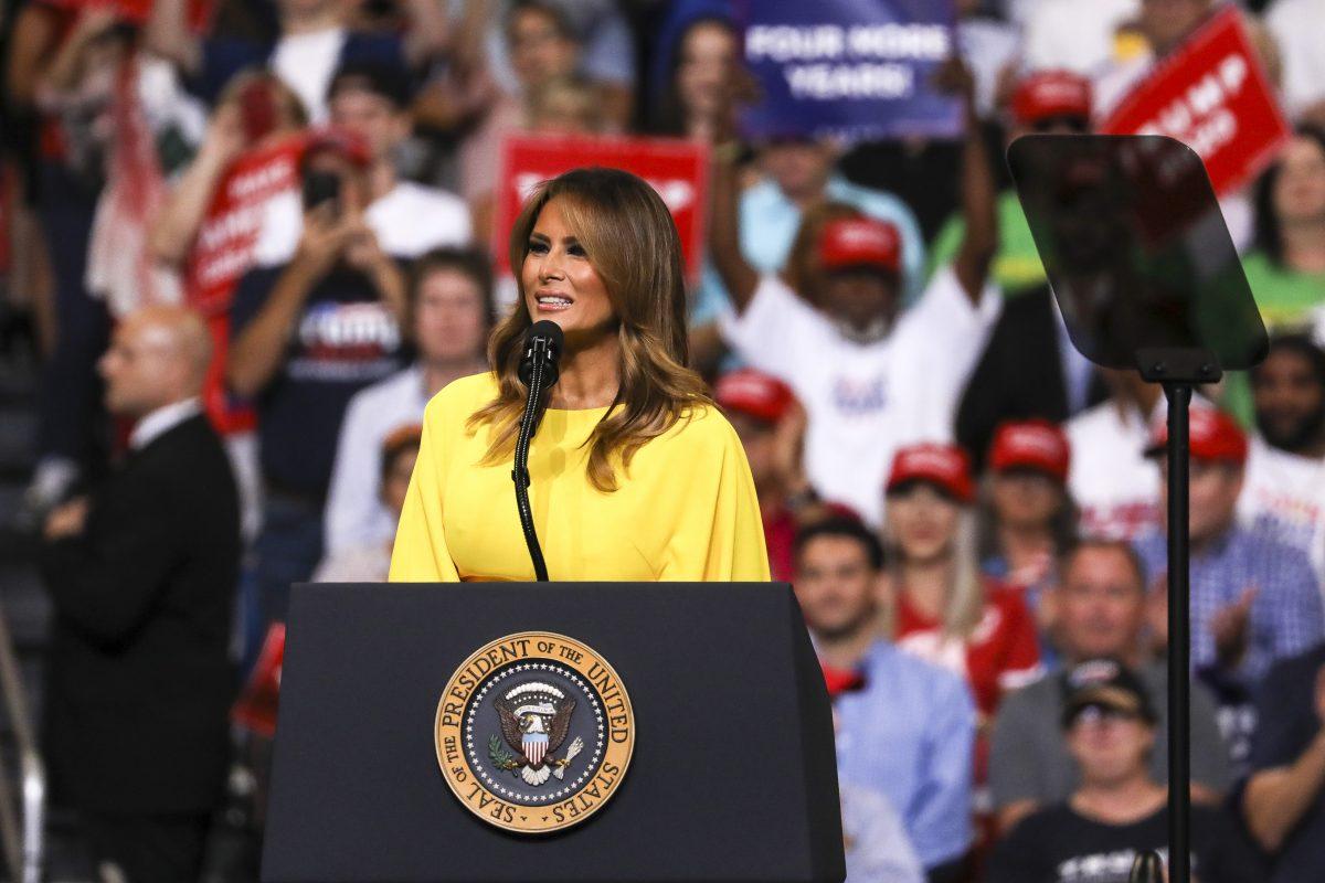 First Lady Melania Trump speak at President Donald Trump’s 2020 re-election event in Orlando, Fla., on June 18, 2019. (Charlotte Cuthbertson/The Epoch Times)