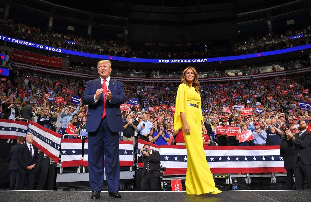 President Donald Trump and First Lady Melania Trump arrive for the official launch of the Trump 2020 campaign at the Amway Center in Orlando, Florida, on June 18, 2019. Trump kicks off his reelection campaign at what promised to be a rollicking evening rally in Orlando. (MANDEL NGAN/AFP/Getty Images)