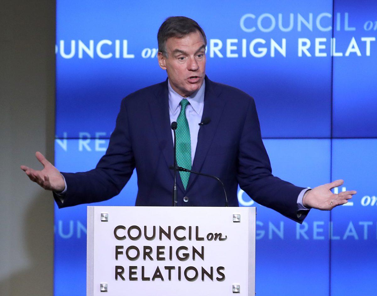 Sen. Mark Warner (D-Va.), vice chairman of the Senate Intelligence Committee, speaks at the Council on Foreign Relations in Washington on June 17, 2019. (Mark Wilson/Getty Images)