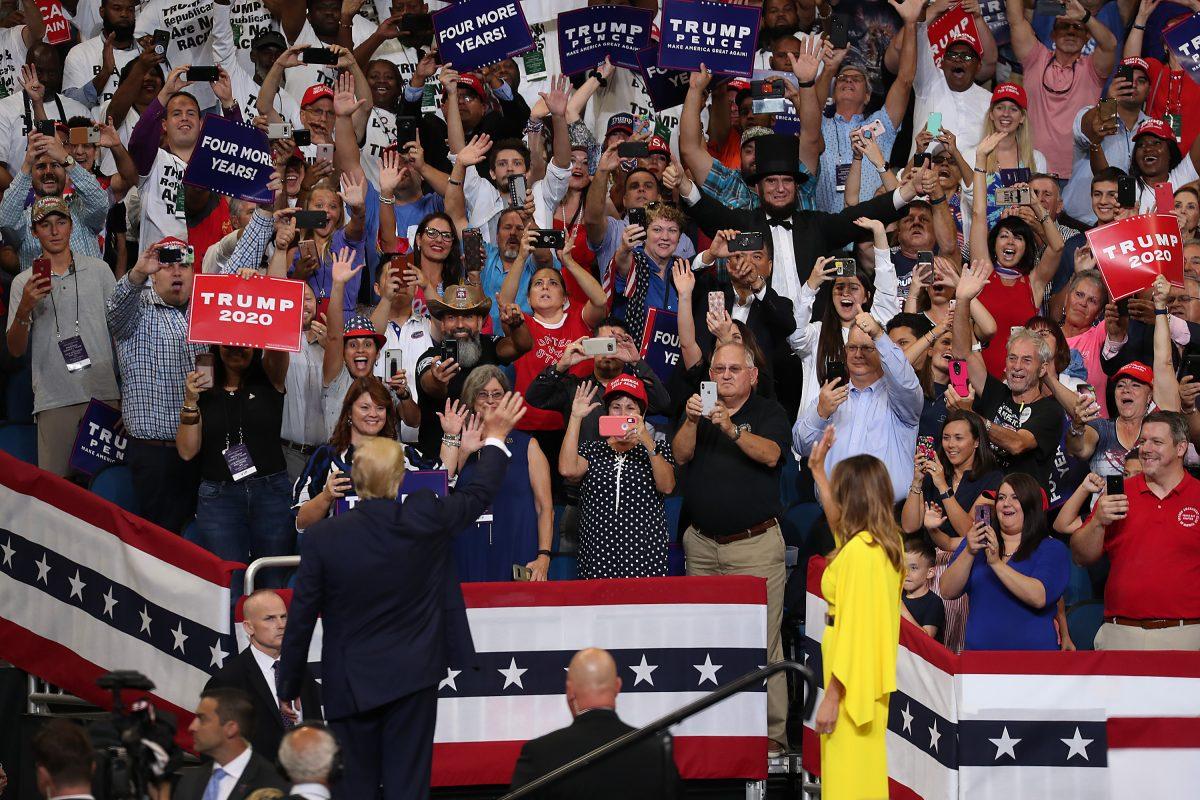 President Donald Trump and First Lady Melania Trump arrive as President Trump prepares to announce his candidacy for a second presidential term at the Amway Center on June 18, 2019 in Orlando, Florida. President Trump is set to run against a wide open Democratic field of candidates. (Joe Raedle/Getty Images)