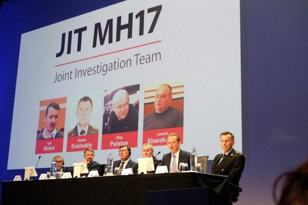 Officials from the Joint Investigation Team probing the downing of Malaysia Airlines Flight 17 in 2014 appear at a press conference in Nieuwegein, Netherlands, on June 19, 2019. (Mike Corder/AP Photo)