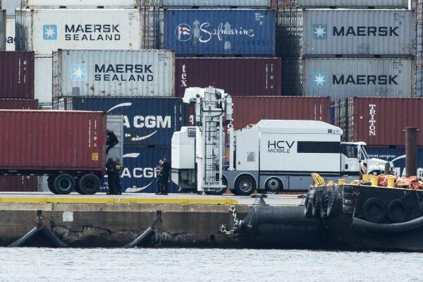 Authorities search a container along the Delaware River in Philadelphia, on June 18, 2019. (Matt Rourke/AP Photo)