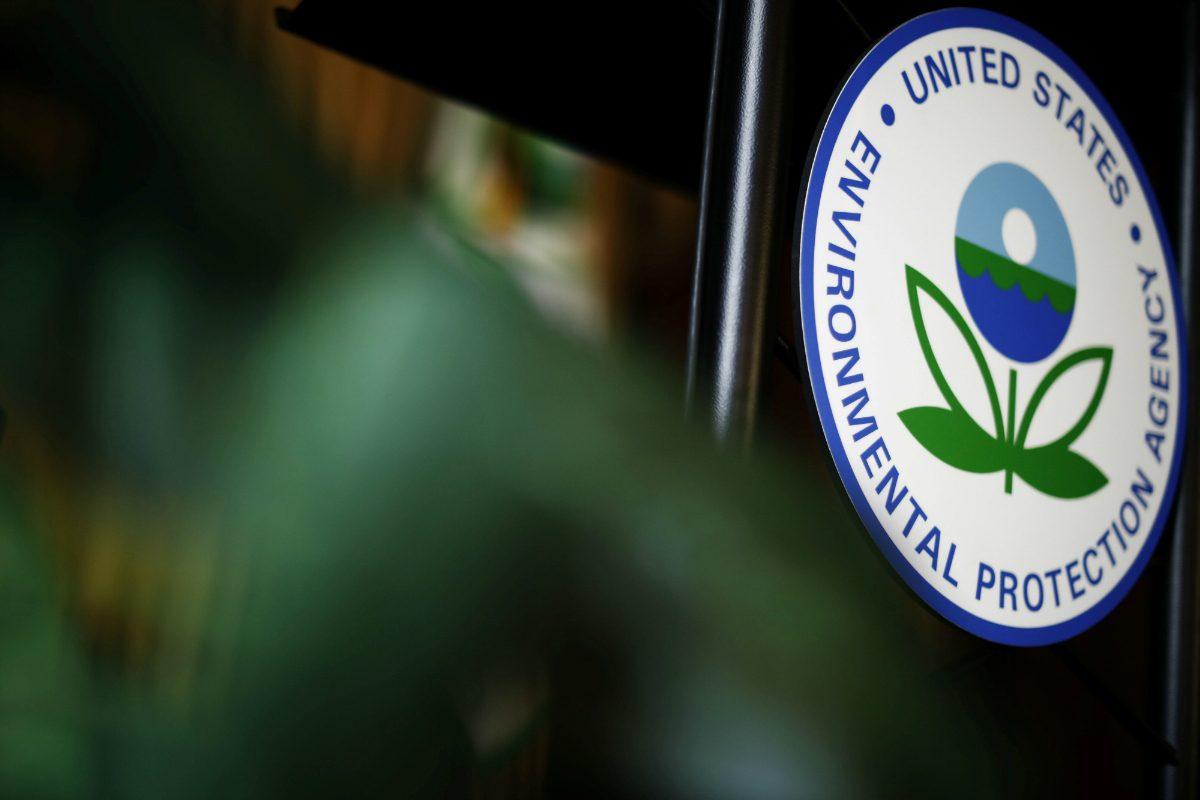 The U.S. Environmental Protection Agency (EPA) sign is seen on the podium at EPA headquarters in Washington, on July 11, 2018. (Ting Shen/REUTERS)