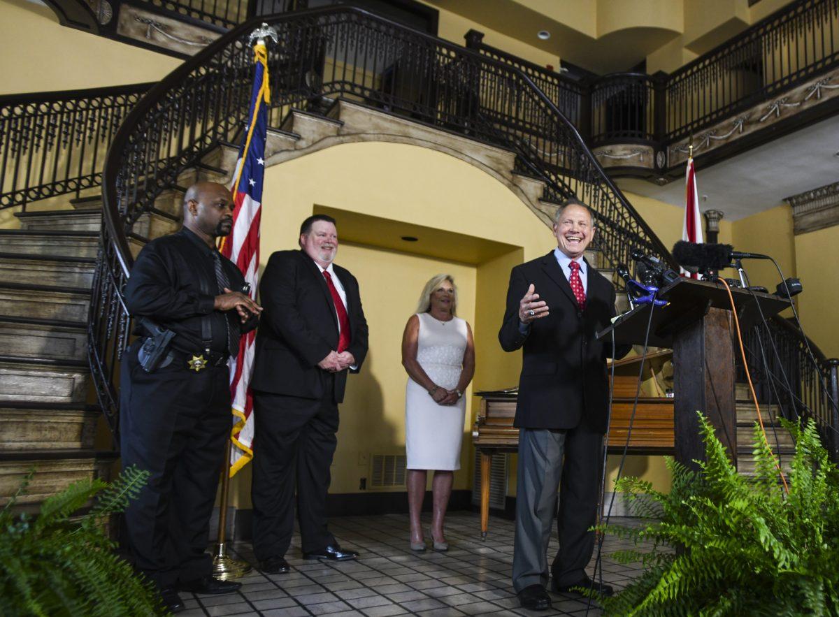 Former Alabama Chief Justice Roy Moore announces his run for the Republican nomination for U.S. Senate in Montgomery, Ala. on June 20, 2019. (AP Photo/Julie Bennett)