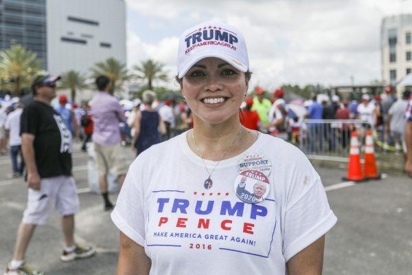 Jeanette Nazario outside the Amway Center prior to President Donald Trump’s 2020 re-election event in Orlando, Fla., on June 18, 2019. (Charlotte Cuthbertson/The Epoch Times)