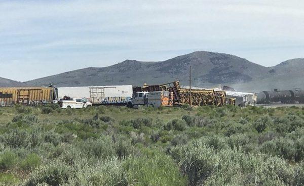 In this photo provided by the Nevada Department of Public Safety is a train derailment near Wells, Nev., on June 19, 2019. (Nevada Department of Public Safety via AP)