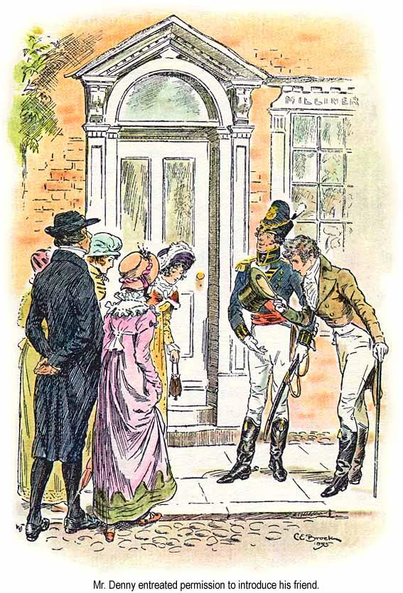 Mr. Denny asks for permission to introduce his friend, Mr. Wickham. An illustration by C. E. Brock, 1895. (Public Domain)