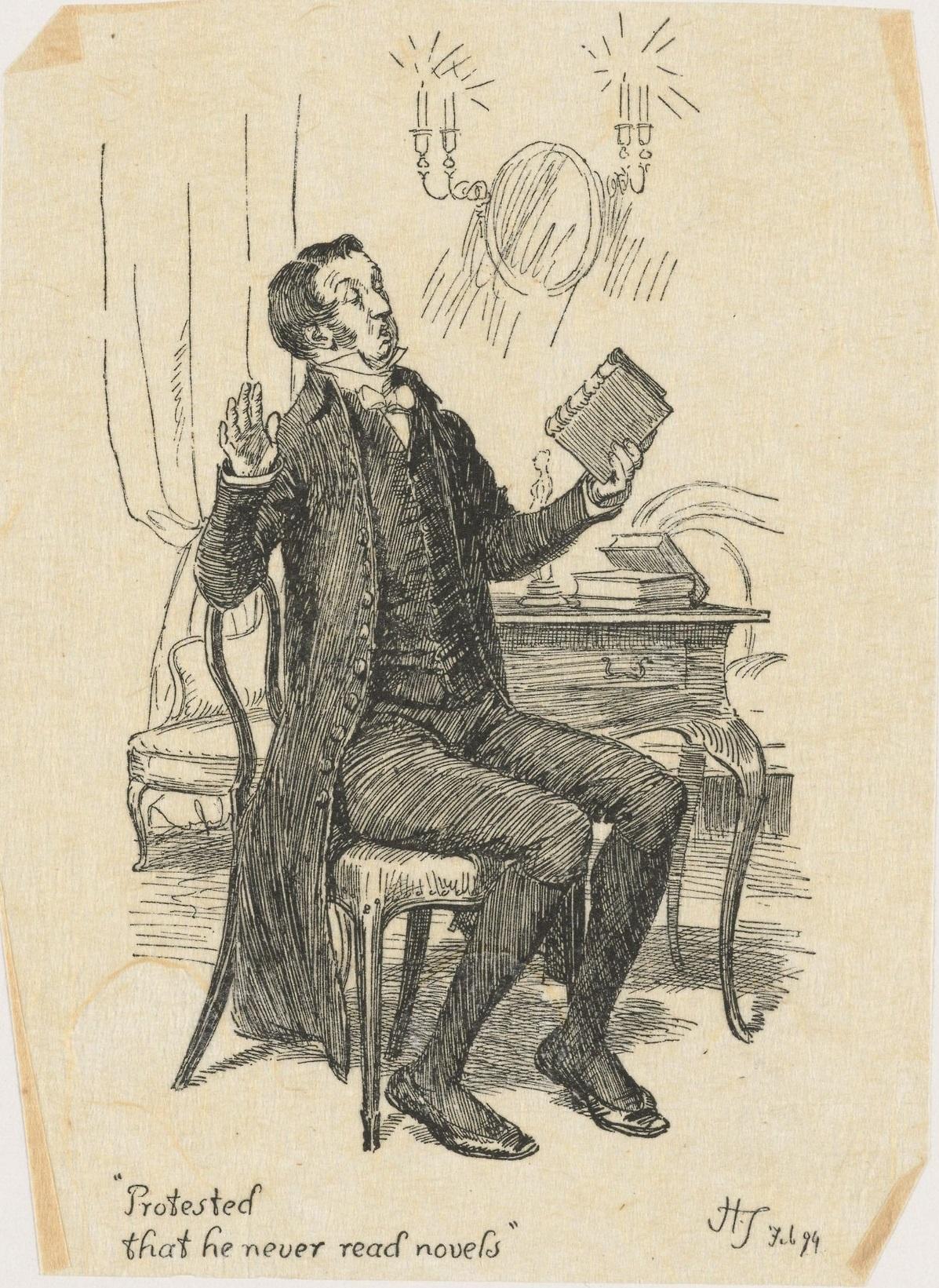 An illustration by Hugh Thomson representing Mr. Collins, protesting that he never reads novels. (Public Domain)