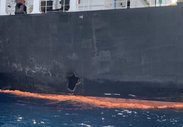 A picture taken during a guided tour by the US Navy (NAVCENT) shows the damage in the hull of the Japanese oil tanker Kokuka Courageous off the port of the Gulf emirate of Fujairah on June 19, 2019 (Mumen Khatib/AFP/Getty Images)