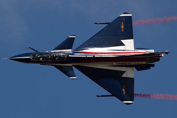 A Chinese J-10 aircraft from the People's Liberation Army Air Force takes part in the combined exercise ''Falcon Strike 2015'' at the Wing 1 Korat air base in Korat, Thailand, on Nov. 24, 2015. (Nicolas Asfouri/AFP/Getty Images)