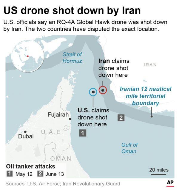 Graphic pinpoints two drone shooting locations. One was provided by the U.S. and the other by Iran. It shows how the pinpoints are conflicting in location.
