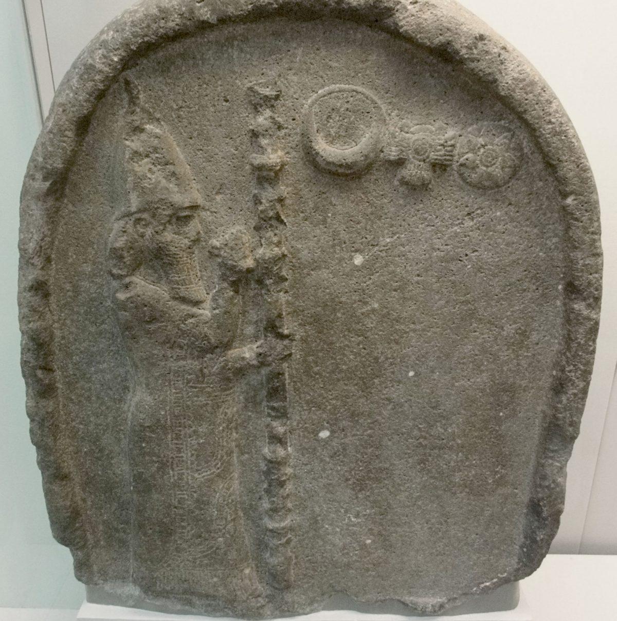 Stele of Nabonidus. Nabonidus is considered the first archaeologist and is here seen praying to the sun, moon, and Venus. A portion of text, on the right side of the stele, is still possible to decipher and recounts how the gods put an end to a drought due to good deeds of a Babylonian king. British Museum. (Public Domain)