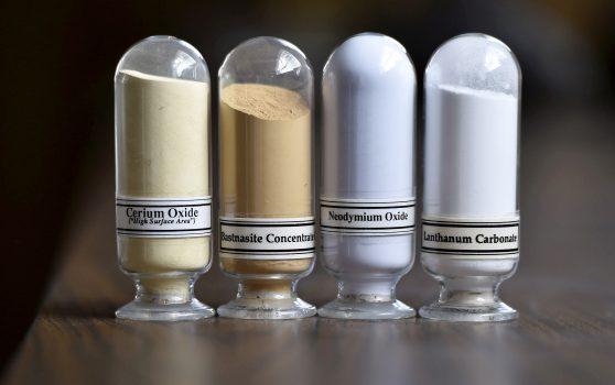 Samples of rare earth minerals from left: Cerium oxide, Bastnaesite, Neodymium oxide and Lanthanum carbonate at Molycorp's Mountain Pass Rare Earth facility in Mountain Pass, Calif., on June 29, 2015. (David Becker/Reuters)