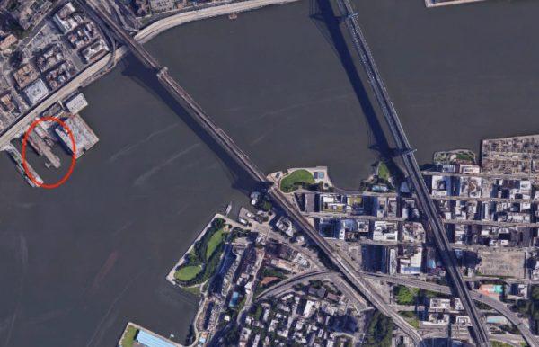 Pier 16 in lower Manhattan is circled, with Brooklyn Bridge and then Manhattan Bridge to the east. (Screenshot/Google Maps)