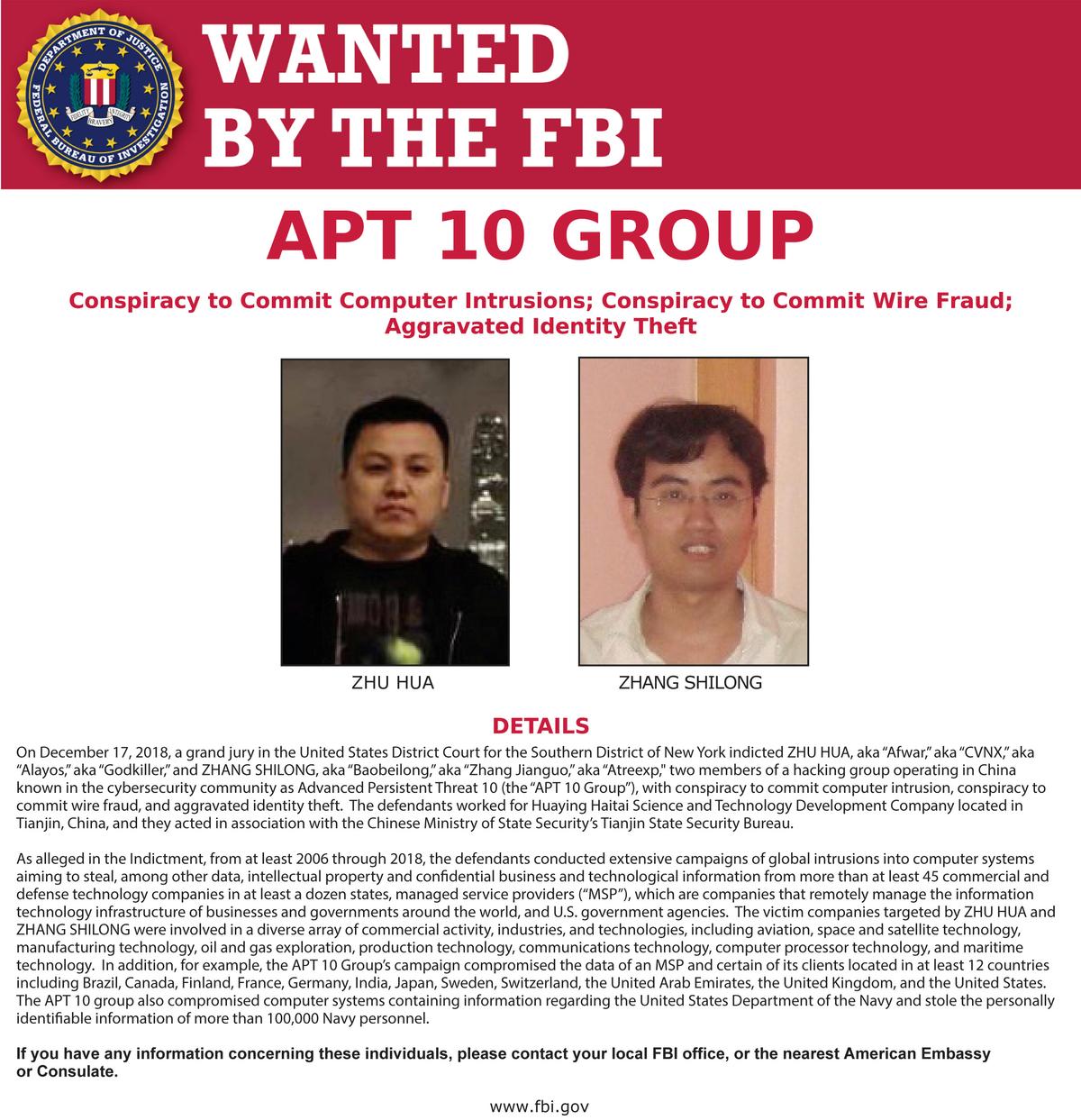 Photographs of Zhu Hua and Zhang Shilong, members of a hacking group in China, appear on a U.S. Federal Bureau of Investigation (FBI) poster on Dec. 21, 2018. (Federal Bureau of Investigation/Handout via Reuters)