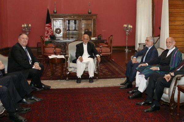 Secretary of State Mike Pompeo, left, meets with Afghan President Ashraf Ghani, Afghan Chief Executive Officer Abdullah Abdullah, and former Afghan President Hamid Karzai, right, at the Presidential Palace in Kabul, Afghanistan on June 25, 2019. (Jacquelyn Martin/Pool via AP)