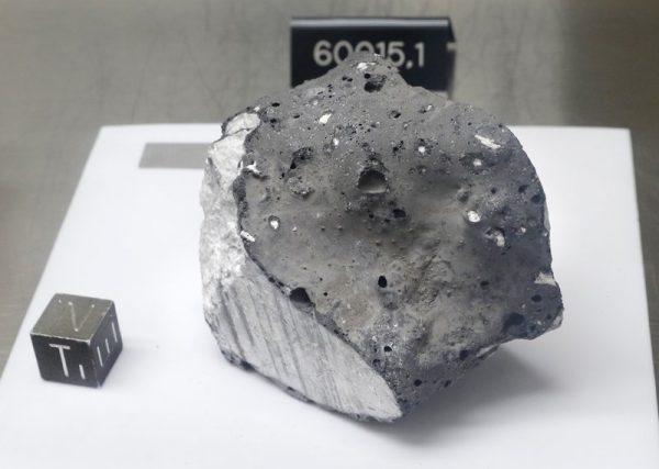 Collected during Apollo 16, an anorthosite sample believed to be the oldest rock collected during the moon missions is displayed in the lunar lab at the NASA Johnson Space Center in Houston on June 17, 2019. (Michael Wyke/AP)