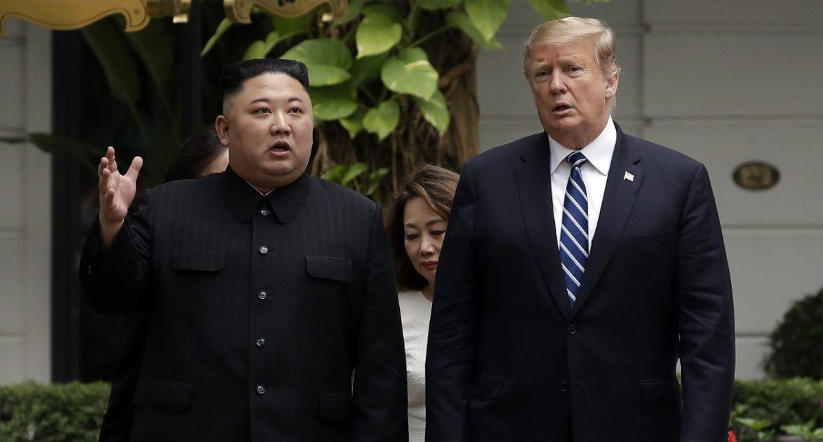 President Donald Trump and North Korean leader Kim Jong Un take a walk after their first meeting at the Sofitel Legend Metropole Hanoi hotel, in Hanoi, Vietnam, on June 23, 2019. (Evan Vucci,AP Photo/ File)