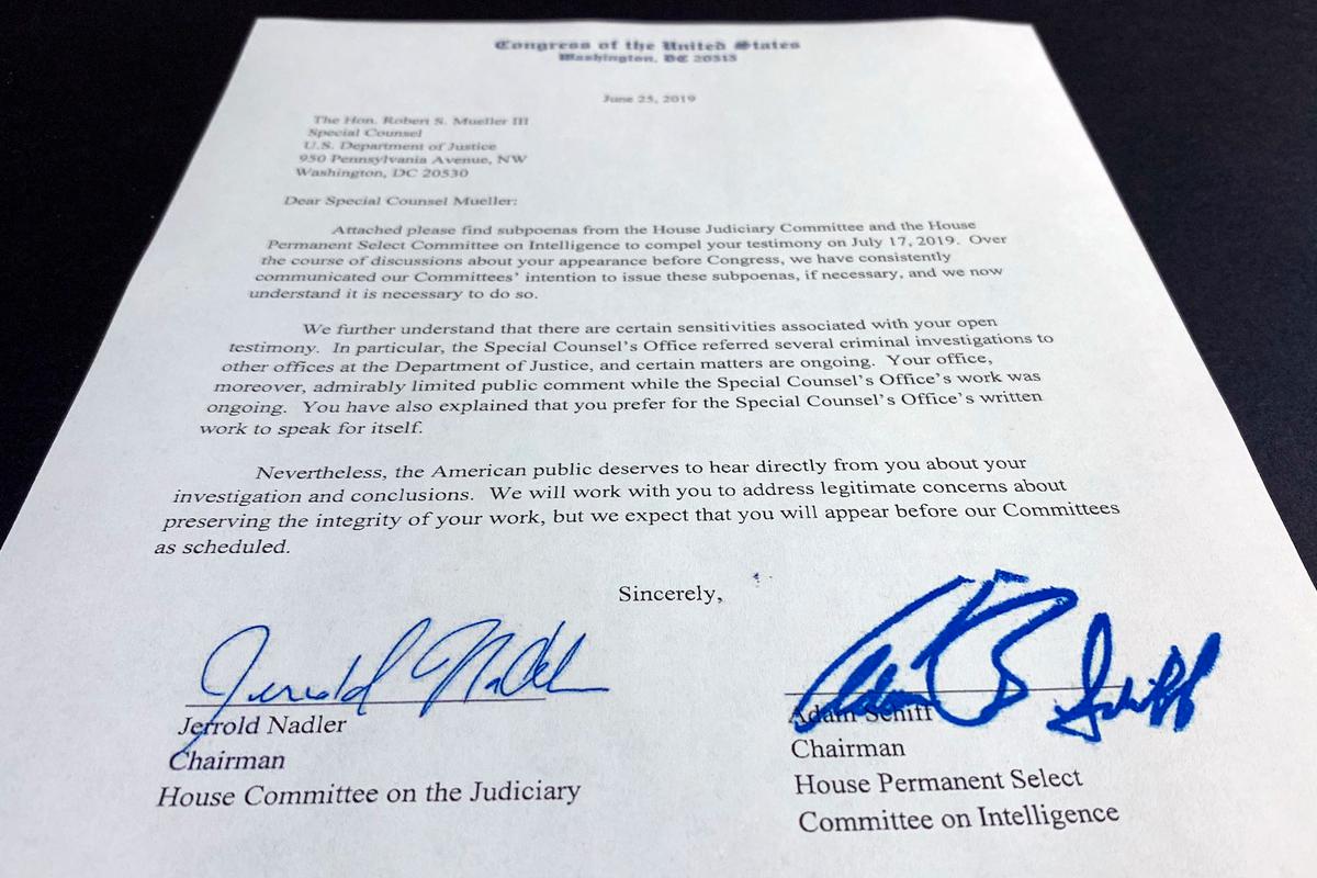 The letter from House Judiciary Chairman Jerrold Nadler and House Intelligence Committee Chairman Adam Schiff to special counsel Robert Mueller that was sent with subpoenas to compel Mueller's testimony to the committees on July 17, is photographed in Washington, Tuesday, June 25, 2019. (AP Photo/Jon Elswick)