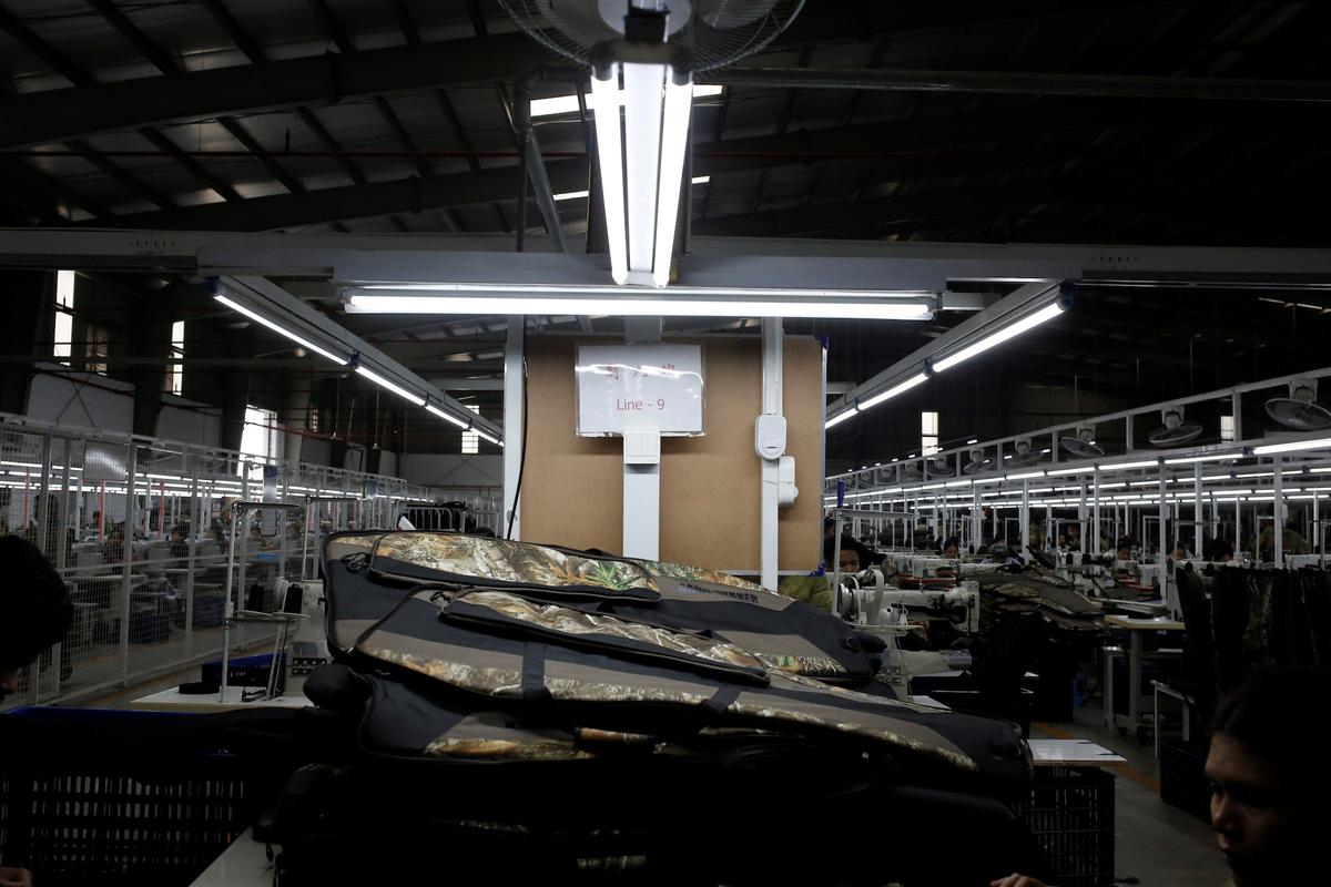 Unfinished bags for guns at the factory owned by Yakeda Outdoor Travel Products Co. in Yangon, Burma, on June 11, 2019. (Ann Wang/Reuters)