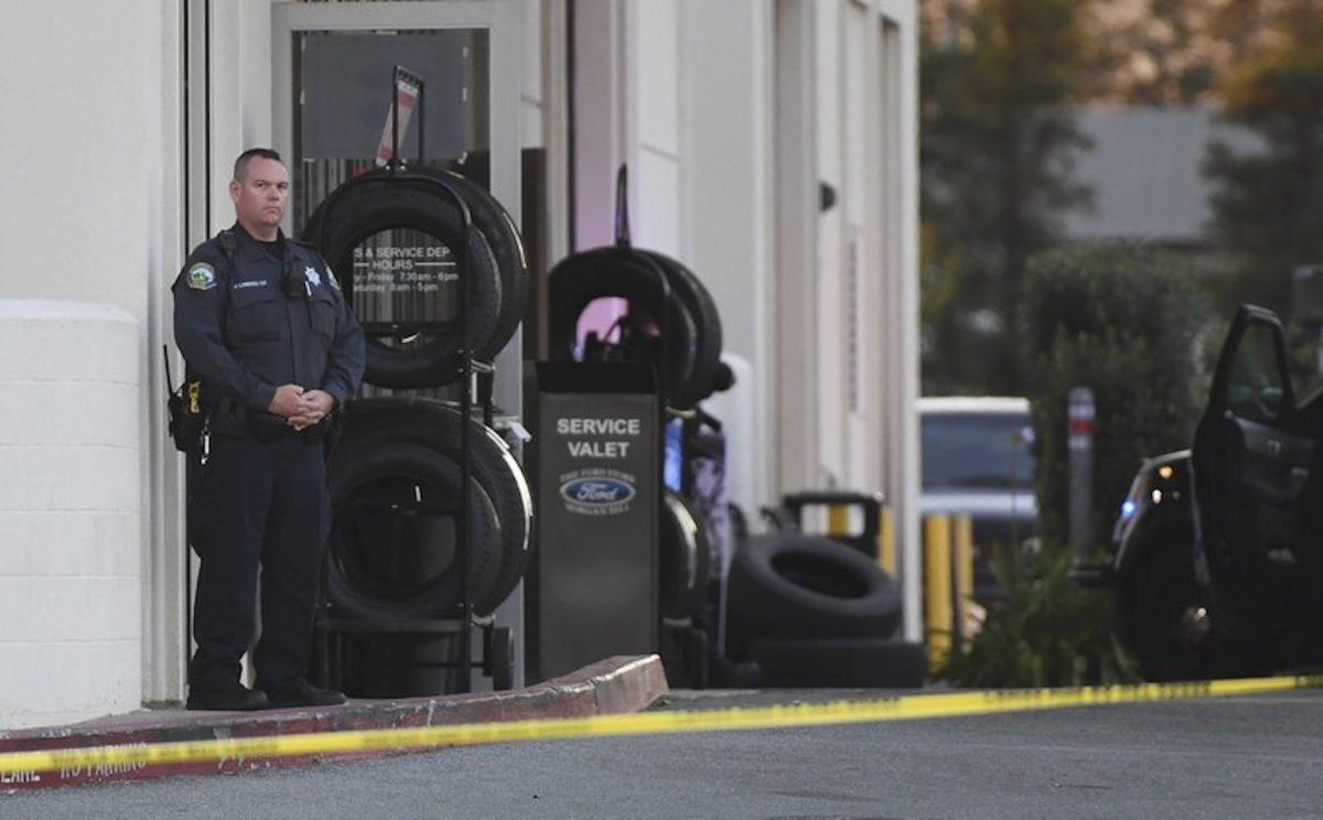 Police investigate at the scene of a shooting at the Morgan Hill Ford Store in Morgan Hill, Calif., on June 25, 2019. (Nic Coury/AP Photo)