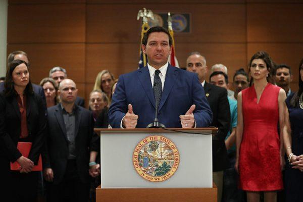 Florida Governor Ron DeSantis announces, during a press conference at the Broward County Courthouse, that he is ordering a statewide grand jury investigation into how the Broward County’s school district and other districts in the State of Florida handle student security on in Fort Lauderdale, Fla.,on Feb. 13, 2019. (Joe Raedle/Getty Images)