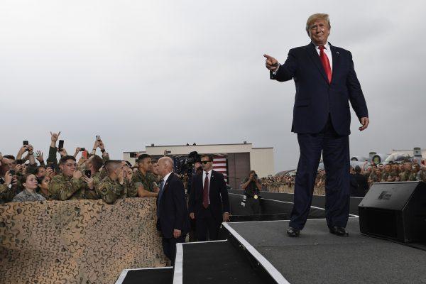 President Donald Trump arrives to speak to troops at Osan Air Base in South Korea, Sunday, June 30, 2019. (AP Photo/Susan Walsh)