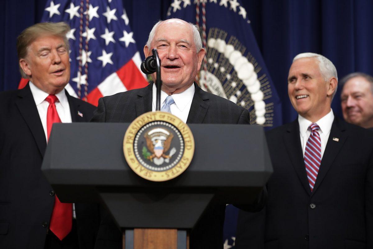 Agriculture Secretary Sonny Perdue with President Donald Trump and Vice President Mike Pence at the White House on Dec. 20, 2018.<br/>(Chip Somodevilla/Getty Images)