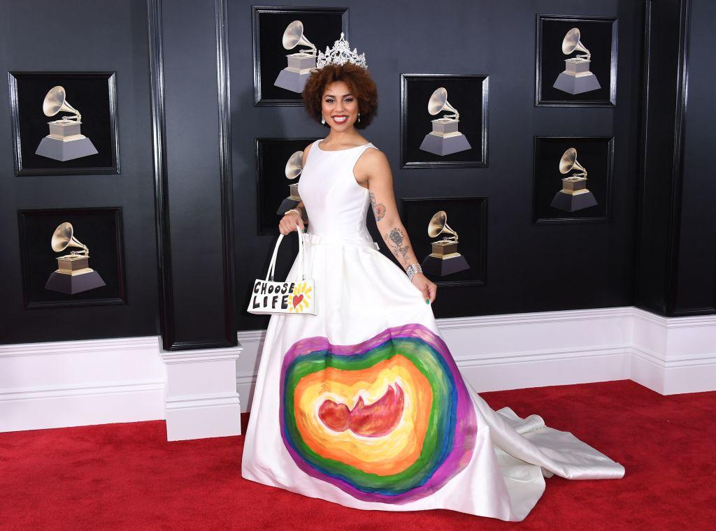 Villa's dress at the 60th Annual GRAMMY Awards on Jan. 28, 2018 recreates the sonogram of her unborn child when she was eight months pregnant, surrounded by a rainbow. (ANGELA WEISS/AFP/Getty Images)
