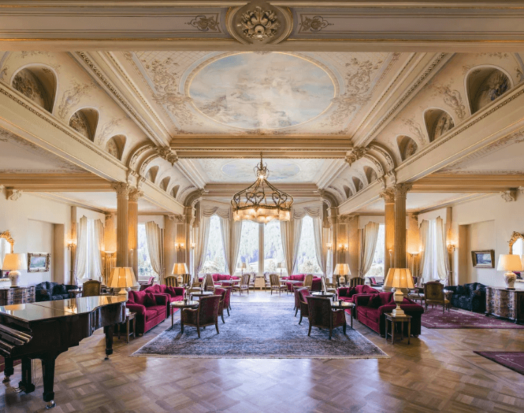 The elegant lobby at the Grand Hotel Kronenhof Pontresina. (Grand Hotel Kronenhof Pontresina)