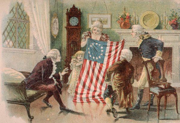 A picture portrays American seamstress Betsy Ross showing the first design of the American flag to George Washington in Philadelphia. (Hulton Archive/Getty Images)