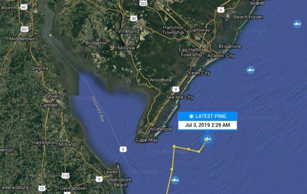 Map showing the most recent geo-location "ping" emitted by a great white shark named "Miss May" on July 3, 2019. (Screengrab via OCEARCH)