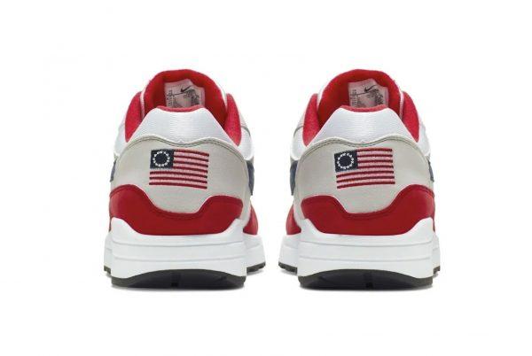 Nike Air Max 1 Quick Strike Fourth of July shoes that have a U.S. flag with 13 white stars in a circle on it, known as the Betsy Ross flag, on them. (AP Photo)