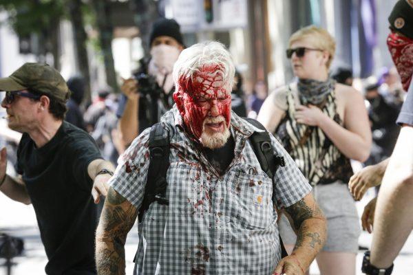 Rose City Antifa brutally attacked an unidentified man at Pioneer Courthouse Square in Portland, Oregon, on June 29, 2019. (Moriah Ratner/Getty Images)