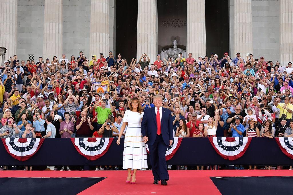 US President Donald Trump and First Lady Melania Trump arrive to the "Salute to America" Fourth of July event at the Lincoln Memorial in Washington on July 4, 2019. (MANDEL NGAN/AFP)